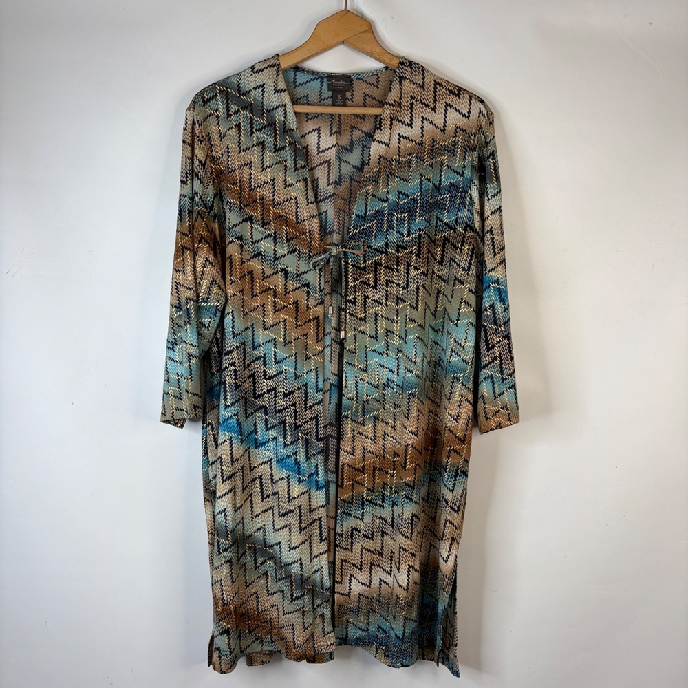 Chico's Travelers Cardigan Women Size 3 XL Blue Brown Zigzag Metallic Open Front